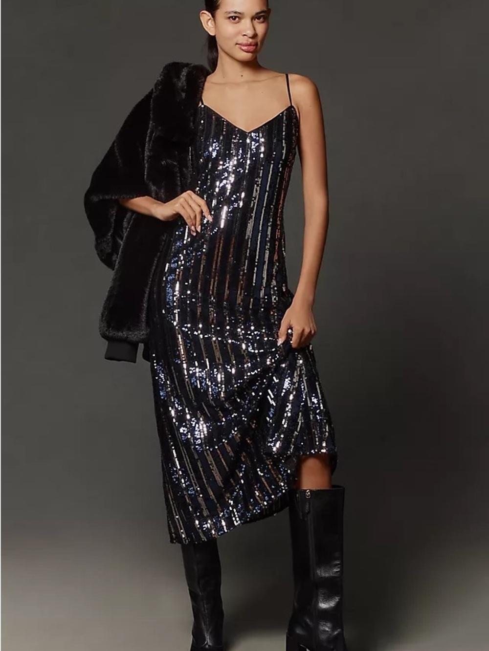 Anthropologie Maeve Navy Silver Black Sequin Striped Lined Mini Dress 2X Plus - Picture 15 of 16